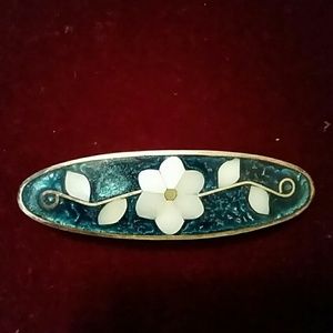 Silver Hair Clip w/ Shell & Enamel Inlay